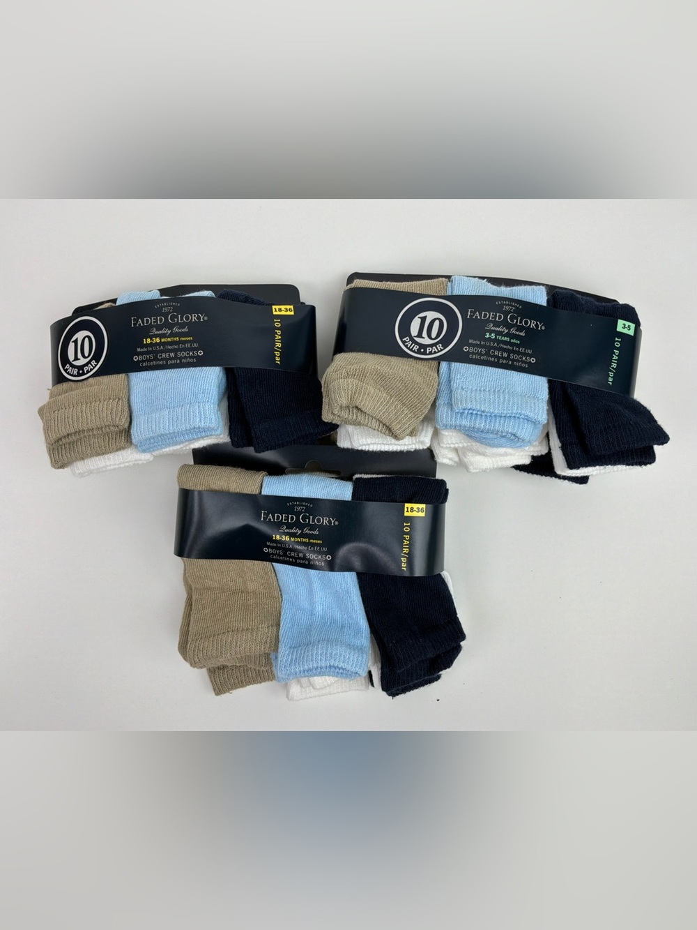 3 Faded Glory Boys 10-Pack Crew Socks 18-36 Months 30 Socks